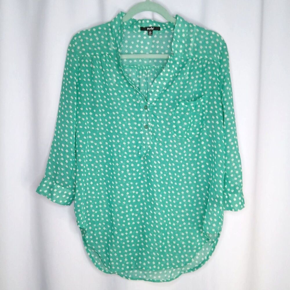 Papaya V-neck Blouse Elbow Roll Tab Sleeve Relaxed Top Green Womens Large
